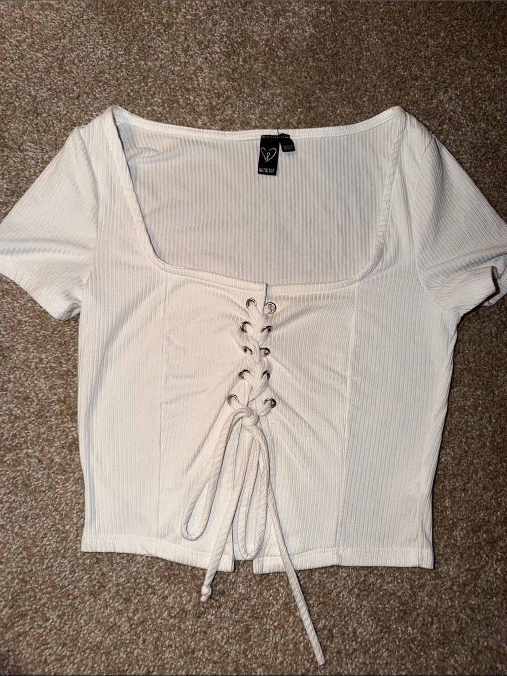 Windsor Ivory Ribbed Lace-Up Square Neck Crop Top